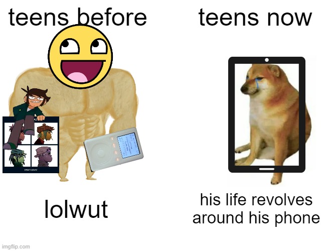 lolwut | teens before; teens now; lolwut; his life revolves around his phone | image tagged in memes,buff doge vs cheems | made w/ Imgflip meme maker