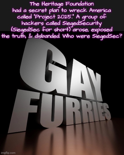 Their motto is "Be gay, do crime." | The Heritage Foundation had a secret plan to wreck America called "Project 2025." A group of hackers called SiegedSecurity (SiegedSec for short) arose, exposed the truth, & disbanded. Who were SiegedSec? | image tagged in gay furries,enlightenment,progressives,thats what heroes do | made w/ Imgflip meme maker