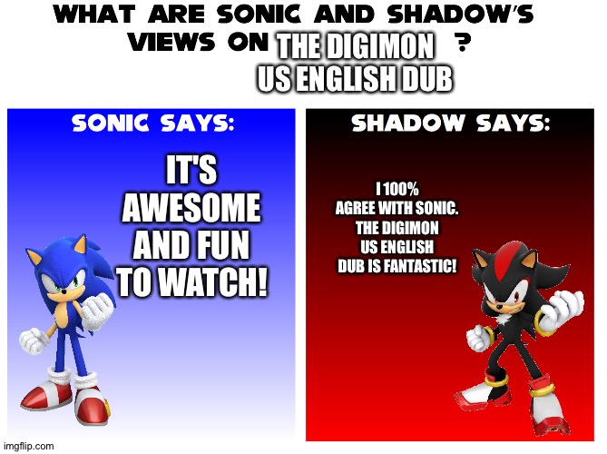 Sonic and Shadow love the Digimon US English dub | THE DIGIMON US ENGLISH DUB; IT'S AWESOME AND FUN TO WATCH! I 100% AGREE WITH SONIC. THE DIGIMON US ENGLISH DUB IS FANTASTIC! | image tagged in what are sonic and shadows views on | made w/ Imgflip meme maker