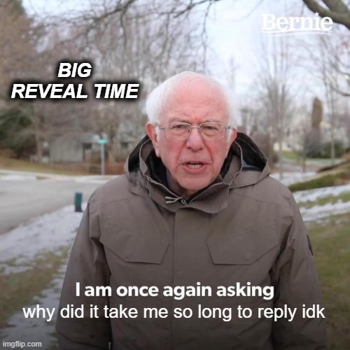 BIG REVEAL TIME why did it take me so long to reply idk | image tagged in memes,bernie i am once again asking for your support | made w/ Imgflip meme maker