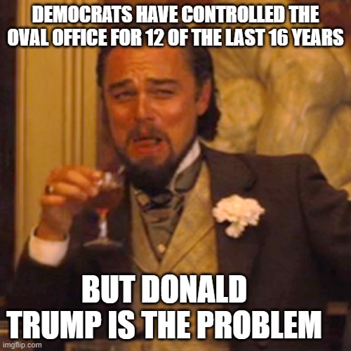 Laughing Leo | DEMOCRATS HAVE CONTROLLED THE OVAL OFFICE FOR 12 OF THE LAST 16 YEARS; BUT DONALD TRUMP IS THE PROBLEM | image tagged in memes,laughing leo | made w/ Imgflip meme maker