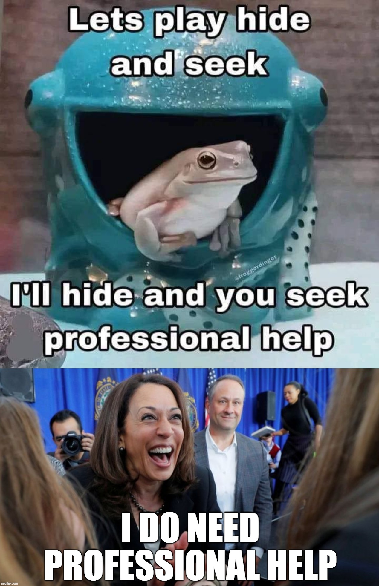 She needs some professional help | I DO NEED PROFESSIONAL HELP | image tagged in hide and seek,lunatic laugh kamala | made w/ Imgflip meme maker