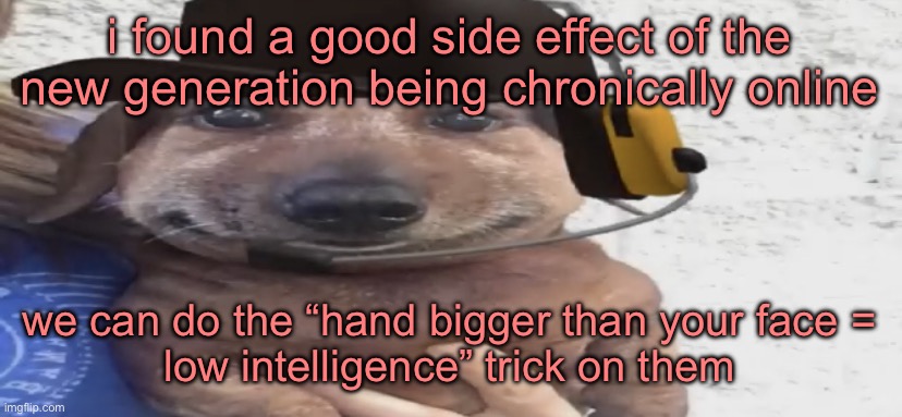 since they can’t read for shit | i found a good side effect of the new generation being chronically online; we can do the “hand bigger than your face =
low intelligence” trick on them | image tagged in chucklenuts | made w/ Imgflip meme maker