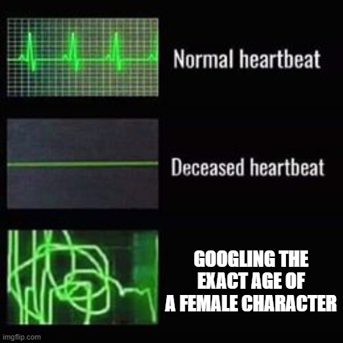 Is she the right age? Or a minor? | GOOGLING THE EXACT AGE OF A FEMALE CHARACTER | image tagged in heartbeat rate,funny,memes,google | made w/ Imgflip meme maker