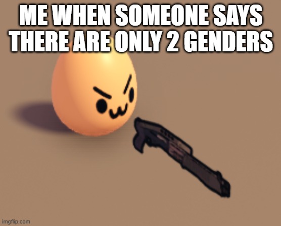 :3 egg with gun | ME WHEN SOMEONE SAYS THERE ARE ONLY 2 GENDERS | image tagged in 3 egg with gun | made w/ Imgflip meme maker