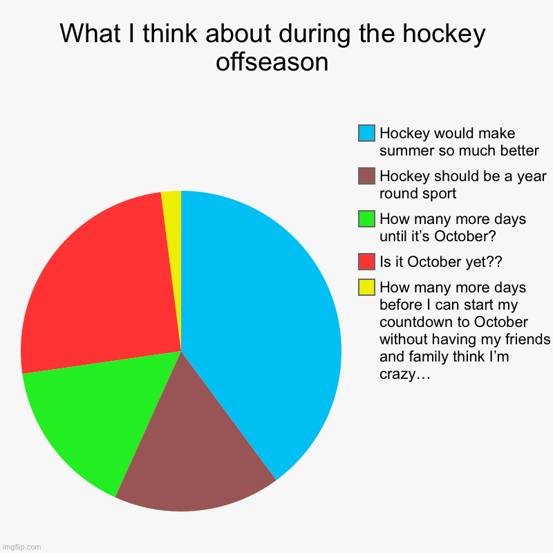 What I think about during the hockey offseason | How many more days before I can start my countdown to October without having my friends and | image tagged in charts,pie charts | made w/ Imgflip chart maker