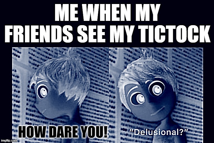 Joy Delusional | ME WHEN MY FRIENDS SEE MY TICTOCK; HOW DARE YOU! | image tagged in joy delusional | made w/ Imgflip meme maker