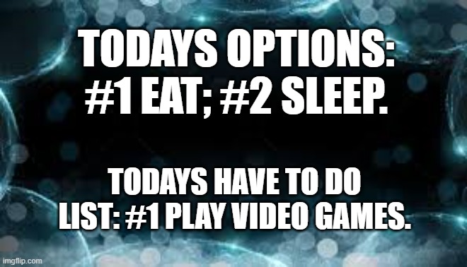 memes by Brad - Eat, sleep and play video games everyday | TODAYS OPTIONS: #1 EAT; #2 SLEEP. TODAYS HAVE TO DO LIST: #1 PLAY VIDEO GAMES. | image tagged in funny,gaming,video games,computer,pc gaming,humor | made w/ Imgflip meme maker