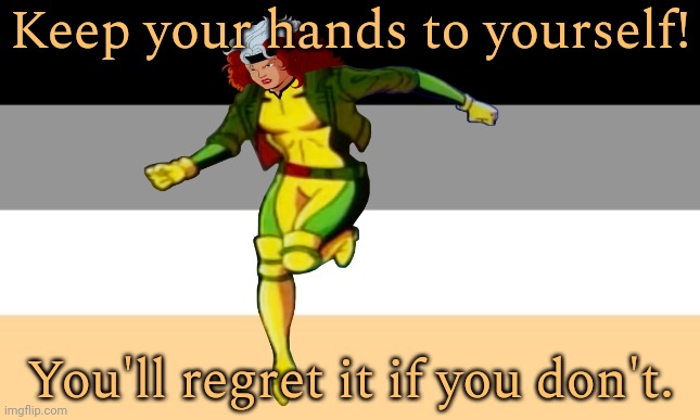 Respect people's bodily autonomy. | Keep your hands to yourself! You'll regret it if you don't. | image tagged in asensual flag,can't touch this,autism,harassment,social distance | made w/ Imgflip meme maker