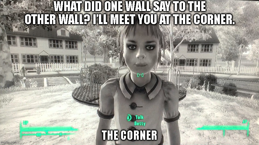 The Corner meets Little Betty in Fallout | WHAT DID ONE WALL SAY TO THE OTHER WALL? I’LL MEET YOU AT THE CORNER. THE CORNER | image tagged in falllout,fallout 3,tranquility lane,walls meet at the corner,walls | made w/ Imgflip meme maker