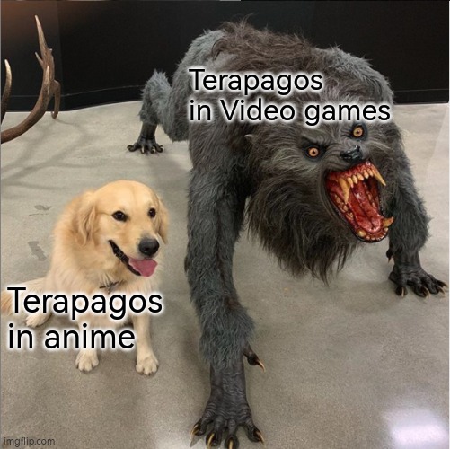 I know it's too early, but I still think Terapagos in anime is too damm cute. | Terapagos in Video games; Terapagos in anime | image tagged in terapagos,memes,two dog meme | made w/ Imgflip meme maker