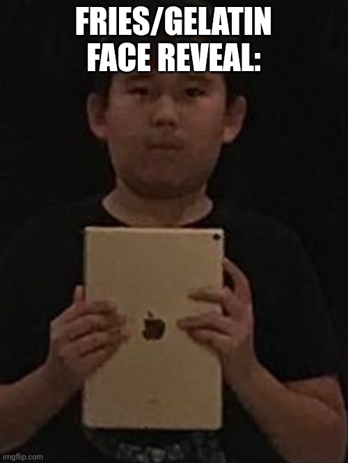 Kid with ipad | FRIES/GELATIN FACE REVEAL: | image tagged in kid with ipad | made w/ Imgflip meme maker