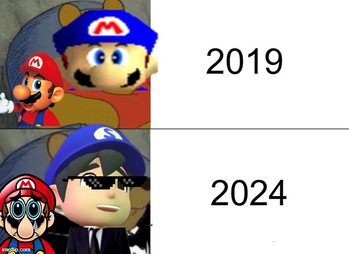 old smg4 | 2019; 2024 | image tagged in memes,tuxedo winnie the pooh | made w/ Imgflip meme maker