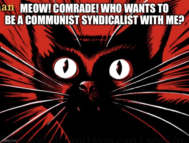 Sabo tabby | MEOW! COMRADE! WHO WANTS TO BE A COMMUNIST SYNDICALIST WITH ME? | image tagged in sabo tabby | made w/ Imgflip meme maker