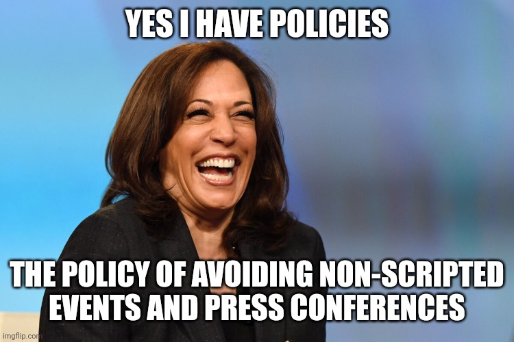 Gotta keep the "joy" going. | YES I HAVE POLICIES; THE POLICY OF AVOIDING NON-SCRIPTED
EVENTS AND PRESS CONFERENCES | image tagged in kamala harris laughing,democrats,kamala harris | made w/ Imgflip meme maker