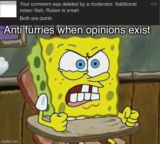 . | Anti furries when opinions exist | image tagged in pissed off spongebob | made w/ Imgflip meme maker