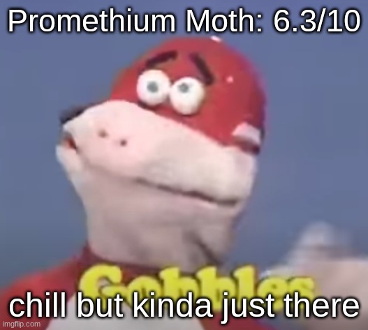 gobbles | Promethium Moth: 6.3/10; chill but kinda just there | image tagged in gobbles | made w/ Imgflip meme maker