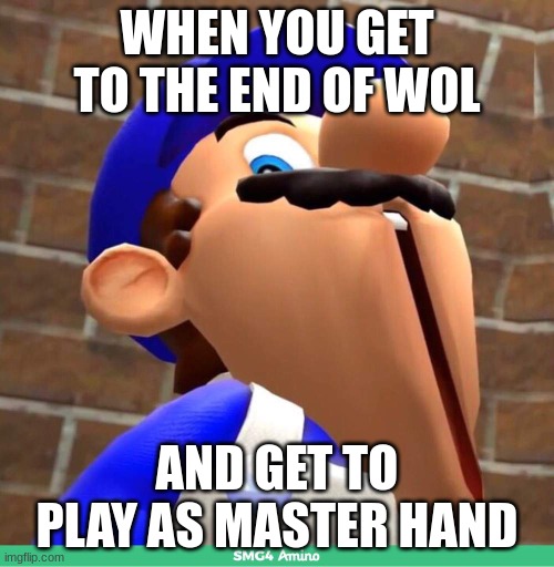 Pretty sure we all felt like this | WHEN YOU GET TO THE END OF WOL; AND GET TO PLAY AS MASTER HAND | image tagged in smg4's face | made w/ Imgflip meme maker