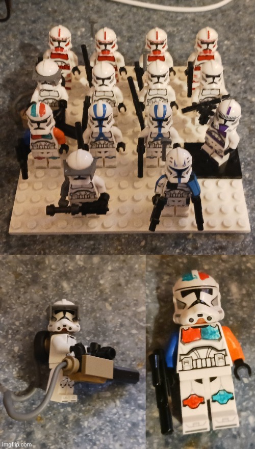 Added more troops to my LEGO clone army! One has a giant chaingun and I also made a figure from my custom Legion, the 747th! | image tagged in lego,lego star wars,clone trooper,clones | made w/ Imgflip meme maker