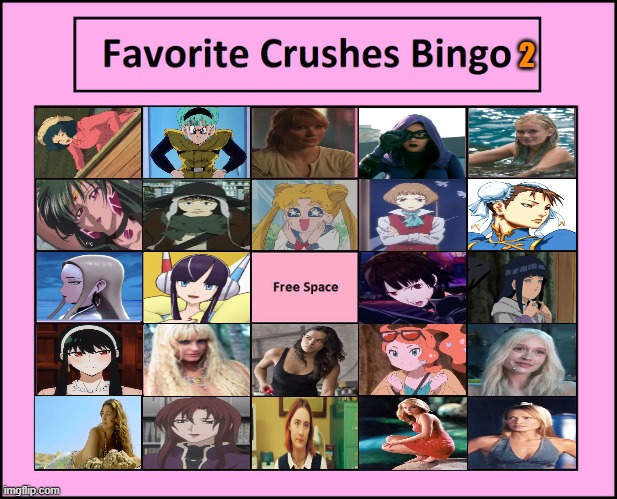 favorite crushes bingo 2 | 2 | image tagged in favorite crushes bingo,anime,video games,live action,animation,movies | made w/ Imgflip meme maker