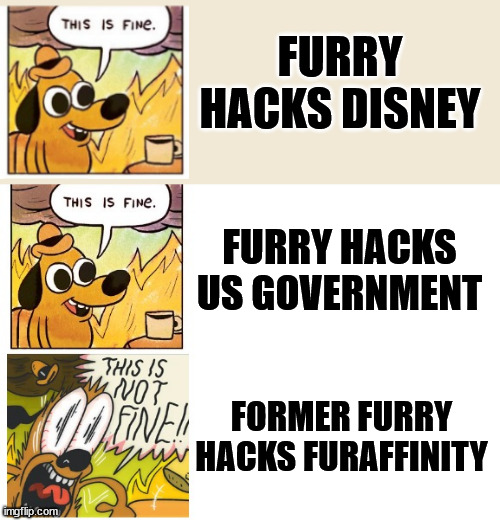 Furry Hackers in 2024 | FURRY HACKS DISNEY; FURRY HACKS US GOVERNMENT; FORMER FURRY HACKS FURAFFINITY | image tagged in this is fine this is not fine,furry,hacker,hacking,tech support,memes | made w/ Imgflip meme maker