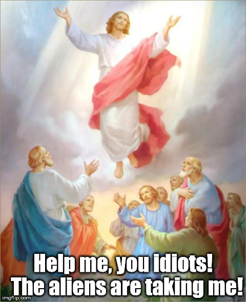 Help a Savior out! | Help me, you idiots!  The aliens are taking me! | image tagged in jesus ascends into heaven,memes,jesus | made w/ Imgflip meme maker