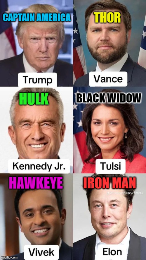 Avengers assemble political edition | THOR; CAPTAIN AMERICA; BLACK WIDOW; HULK; HAWKEYE; IRON MAN | image tagged in political meme,funny | made w/ Imgflip meme maker