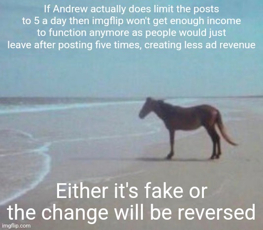 man. | If Andrew actually does limit the posts to 5 a day then imgflip won't get enough income to function anymore as people would just leave after posting five times, creating less ad revenue; Either it's fake or the change will be reversed | image tagged in man | made w/ Imgflip meme maker