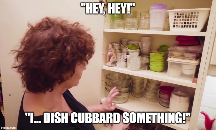 Say it fast ^_~ | "HEY, HEY!"; "I... DISH CUBBARD SOMETHING!" | image tagged in funny,bad pun | made w/ Imgflip meme maker