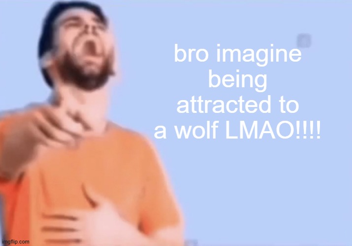 Laughing and pointing | bro imagine being attracted to a wolf LMAO!!!! | image tagged in laughing and pointing | made w/ Imgflip meme maker