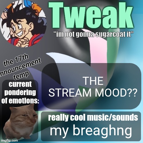 tweaks 17th announcement temp | THE STREAM MOOD?? my breaghng | image tagged in tweaks 17th announcement temp | made w/ Imgflip meme maker