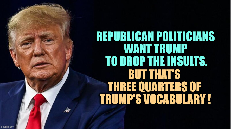 REPUBLICAN POLITICIANS 

WANT TRUMP 
TO DROP THE INSULTS. BUT THAT'S 
THREE QUARTERS OF 
TRUMP'S VOCABULARY ! | image tagged in trump,moron,insults,vocabulary | made w/ Imgflip meme maker