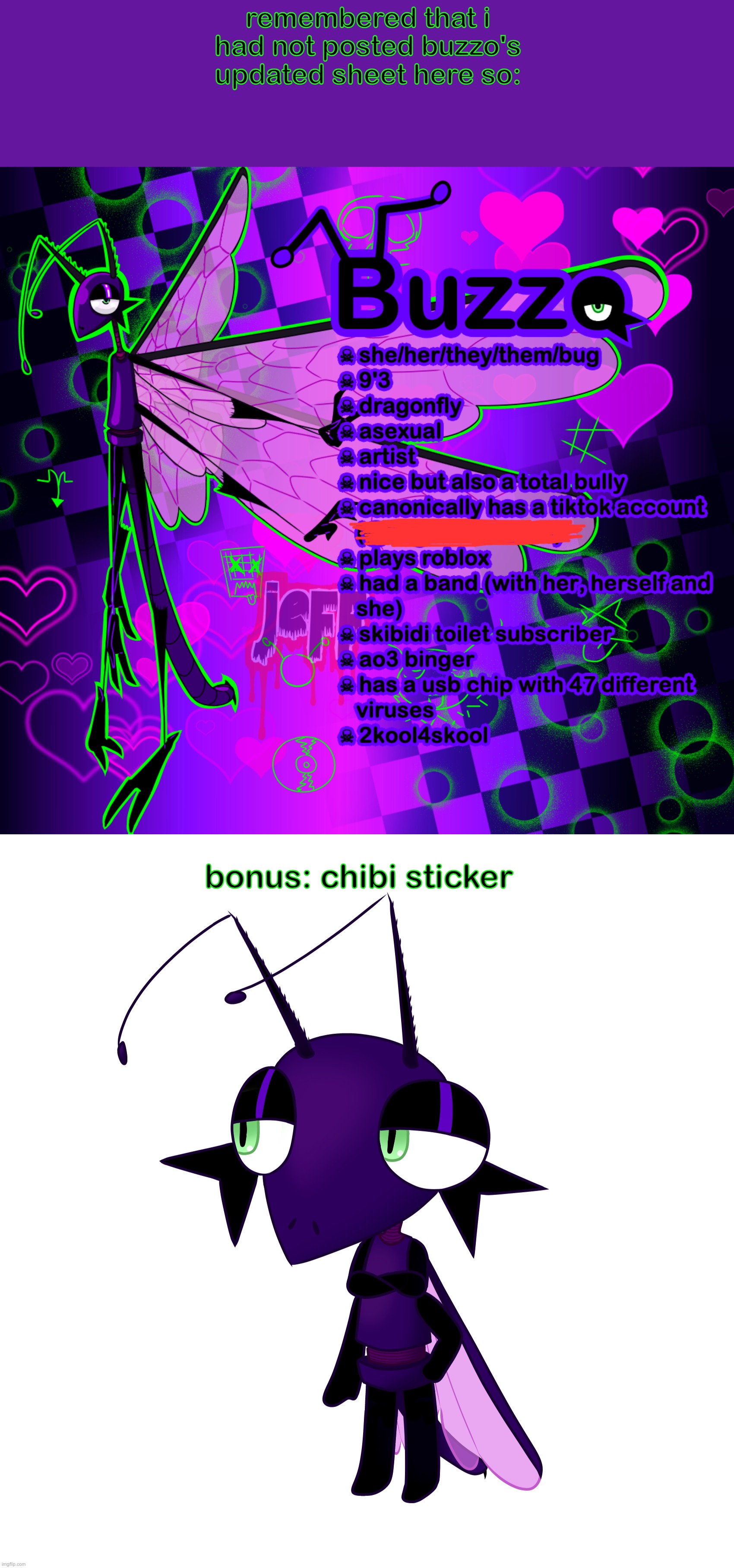 she also has her own spacehey account cause i thought it'd be fun | remembered that i had not posted buzzo's updated sheet here so:; bonus: chibi sticker | image tagged in drawing,dragonfly,my art,bugbo,oc | made w/ Imgflip meme maker