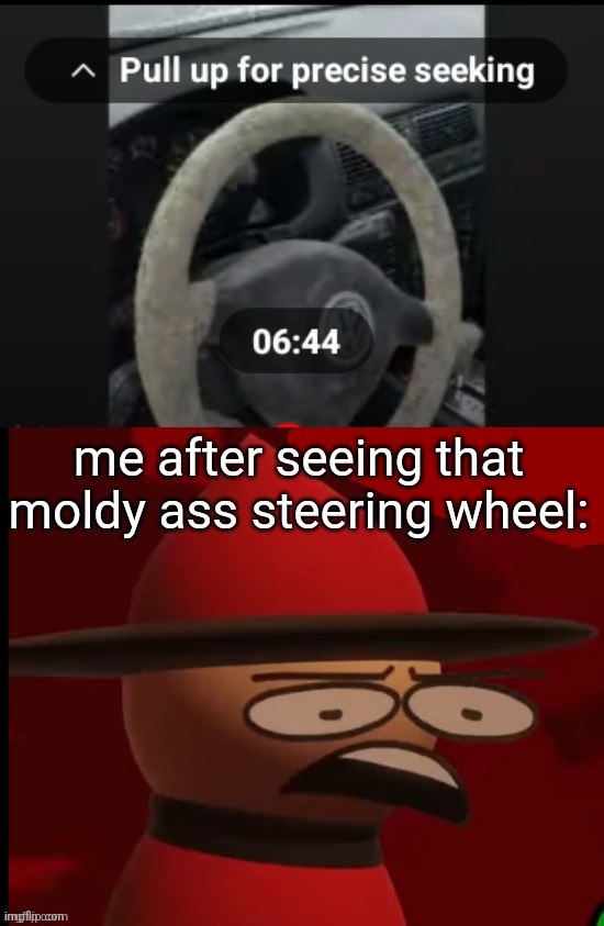 EUGH | me after seeing that moldy ass steering wheel: | image tagged in expunged wtf | made w/ Imgflip meme maker