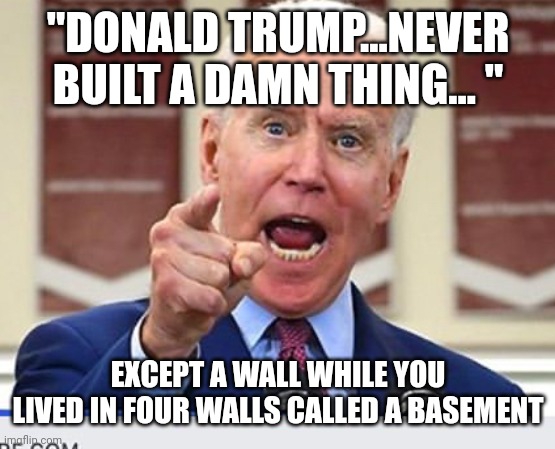 Clueless Joe | "DONALD TRUMP...NEVER BUILT A DAMN THING... "; EXCEPT A WALL WHILE YOU LIVED IN FOUR WALLS CALLED A BASEMENT | image tagged in joe biden no malarkey | made w/ Imgflip meme maker