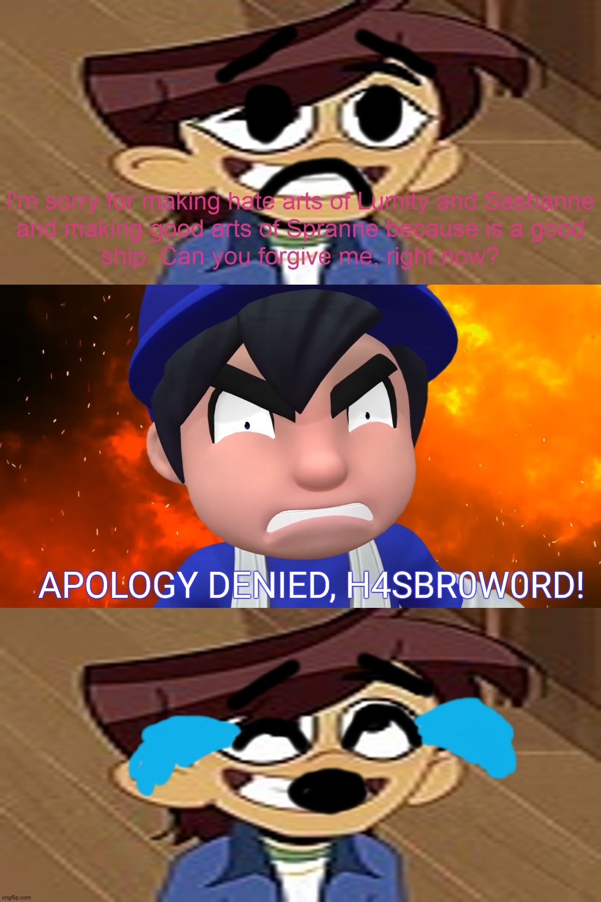 Smg4 Apology denied to H4SBR0W0RD | APOLOGY DENIED, H4SBR0W0RD! | image tagged in memes | made w/ Imgflip meme maker