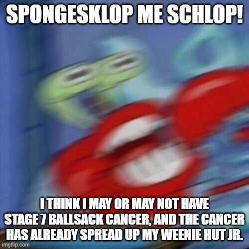 Mr krabs blur | SPONGESKLOP ME SCHLOP! I THINK I MAY OR MAY NOT HAVE STAGE 7 BALLSACK CANCER, AND THE CANCER HAS ALREADY SPREAD UP MY WEENIE HUT JR. | image tagged in mr krabs blur,dying,bro,why are you reading the tags | made w/ Imgflip meme maker