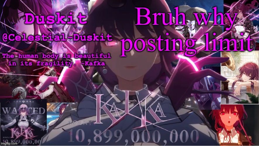 Why is there a posting limit | Bruh why posting limit | image tagged in duskit's kaka template | made w/ Imgflip meme maker