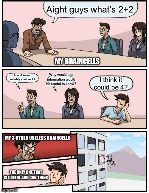 Hey guys what’s 2+2? | Aight guys what’s 2+2; MY BRAINCELLS; Why would this information would be useful to know? I don’t know probably another 2? I think it could be 4? MY 3 OTHER USELESS BRAINCELLS; THE ONLY ONE THAT IS USEFUL AND CAN THINK | image tagged in memes,boardroom meeting suggestion,funny,say that again i dare you,i have no idea what i am doing | made w/ Imgflip meme maker