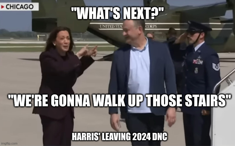 The ZEN of Harris | "WHAT'S NEXT?"; "WE'RE GONNA WALK UP THOSE STAIRS"; HARRIS' LEAVING 2024 DNC | image tagged in kamala harris | made w/ Imgflip meme maker