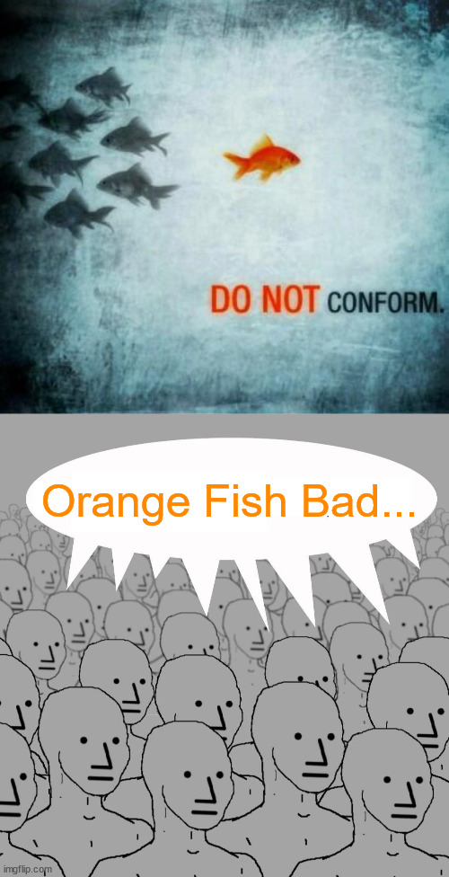 It's called Blind Hate... | Orange Fish Bad... | image tagged in npc,they hate you,for not complying,they want your freedom | made w/ Imgflip meme maker