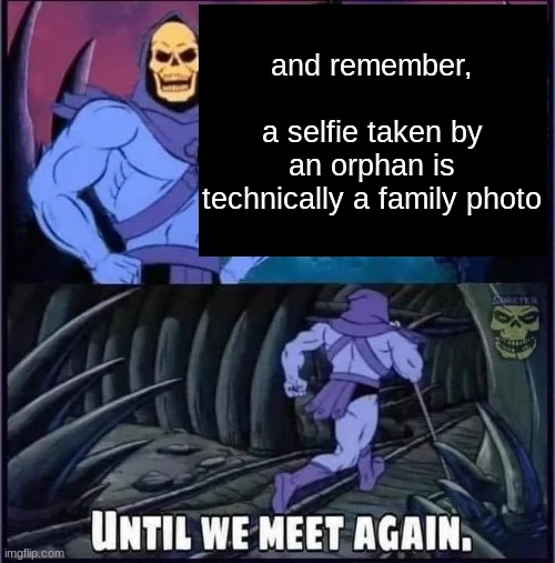 until we meet again | and remember,                 a selfie taken by an orphan is technically a family photo | image tagged in until we meet again | made w/ Imgflip meme maker