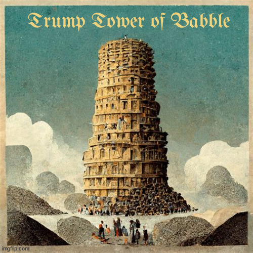 Tower of Babble | Trump Tower of Babble | image tagged in tower of babble,tower of bable,trump tower,maga bulder,buld the wall you promised,nimrod and dimrod | made w/ Imgflip meme maker