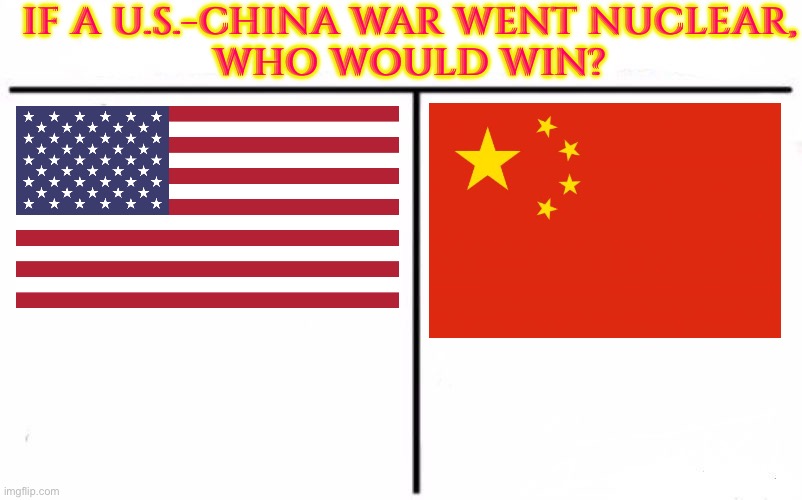 If A US-China War Went Nuclear, Who Would Win? | IF A U.S.-CHINA WAR WENT NUCLEAR,
WHO WOULD WIN? | image tagged in who would win blank,nuclear war,nuclear bomb,world war 3,scumbag america,china virus | made w/ Imgflip meme maker