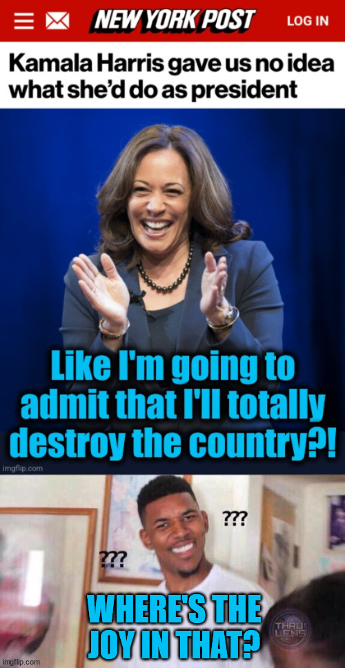 Kamala wants to finish destroying America | WHERE'S THE JOY IN THAT? | image tagged in black guy confused,kamala,will not tell america her plans,she cannot do that | made w/ Imgflip meme maker