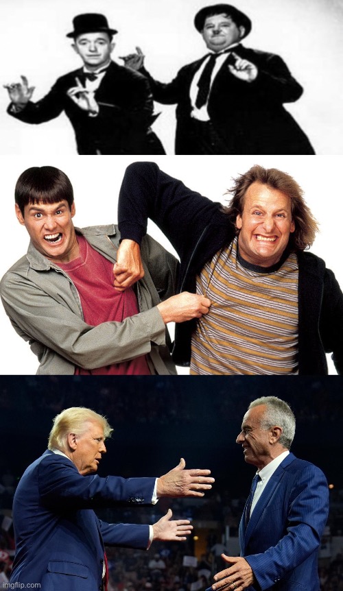 The History of American Slapstick Comedy | image tagged in trump,kennedy,dumb and dumber,stan laurel,oliver hardy | made w/ Imgflip meme maker