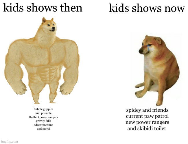 it controversal. | kids shows then; kids shows now; bubble guppies
kim possible
(better) power rangers
gravity falls
adventure time
and more! spidey and friends
current paw patrol
new power rangers
and skibidi toilet | image tagged in memes,buff doge vs cheems | made w/ Imgflip meme maker