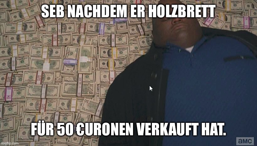 Fat guy laying on money | SEB NACHDEM ER HOLZBRETT; FÜR 50 €URONEN VERKAUFT HAT. | image tagged in fat guy laying on money | made w/ Imgflip meme maker