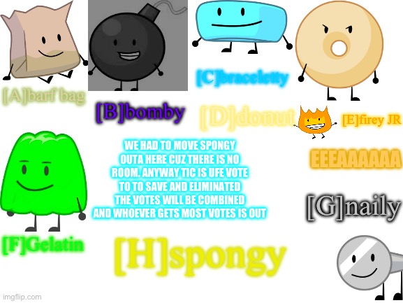 BVV 4 | [C]braceletty; [B]bomby; [A]barf bag; [D]donut; [E]firey JR; WE HAD TO MOVE SPONGY OUTA HERE CUZ THERE IS NO ROOM. ANYWAY TIC IS UFE VOTE TO TO SAVE AND ELIMINATED THE VOTES WILL BE COMBINED AND WHOEVER GETS MOST VOTES IS OUT; EEEAAAAAA; [G]naily; [F]Gelatin; [H]spongy | image tagged in blank white template | made w/ Imgflip meme maker