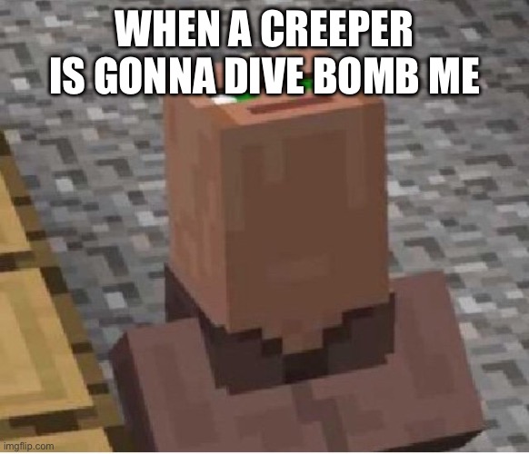 Minecraft Villager Looking Up | WHEN A CREEPER IS GONNA DIVE BOMB ME | image tagged in minecraft villager looking up | made w/ Imgflip meme maker